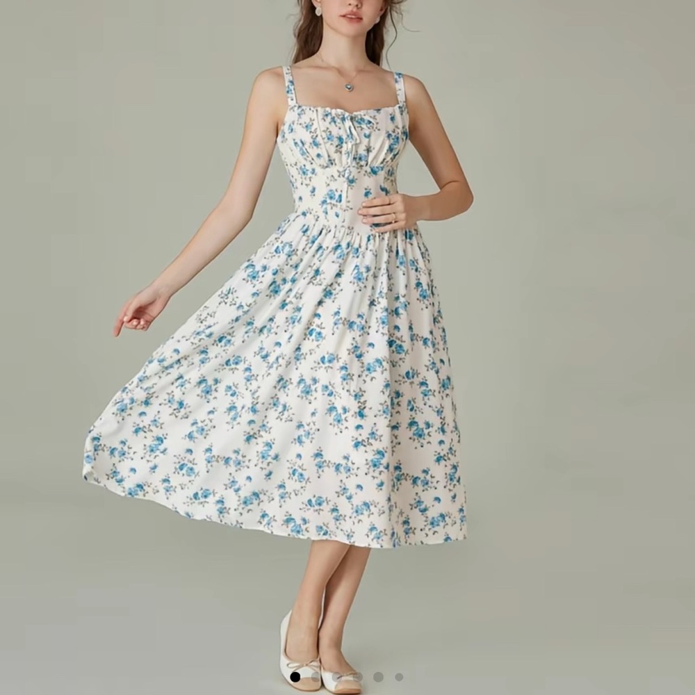 New with Tags Grace Karin Floral Blue and White Midi Dress Medium
